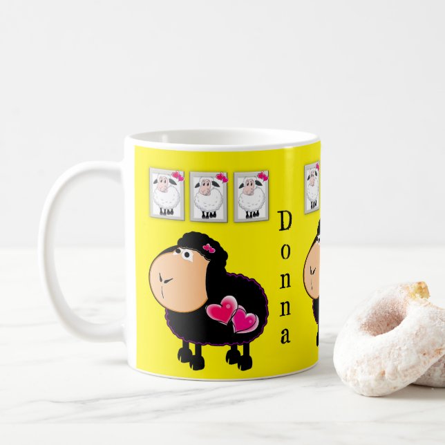 Sheep Pink Hearts Yellow Mug (With Donut)