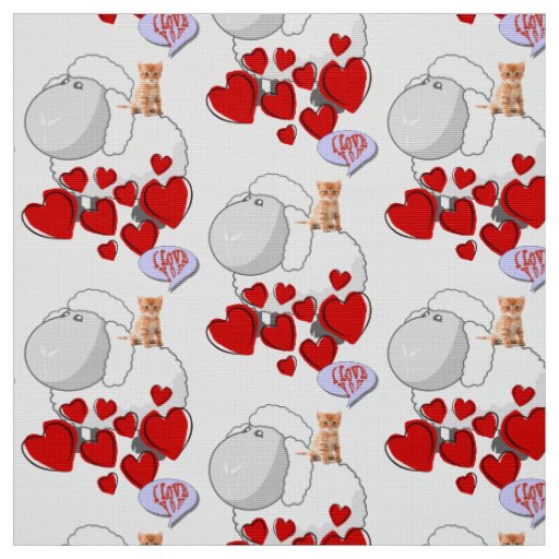 Sheep Red Hearts Kitten Fabric