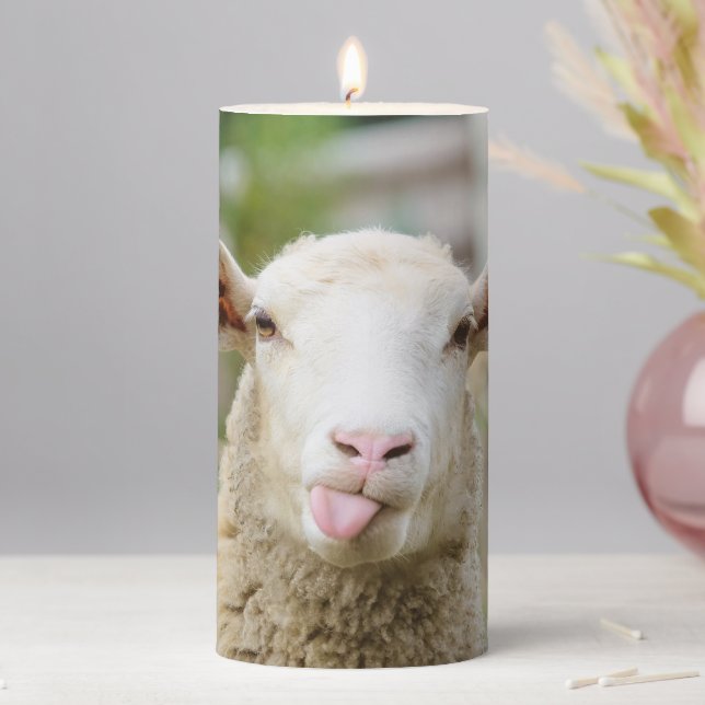 Sheep show tongue pillar candle (In Situ)