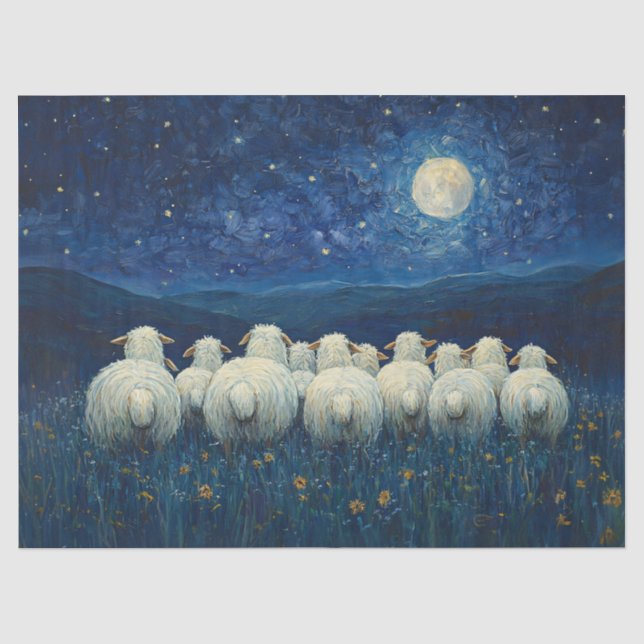 Sheep Starry Night Oil Painting Decoupage Tissue Paper (Front)