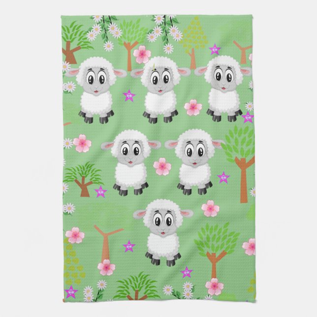 Sheep Trees Floral Kitchen Hand Towel (Vertical)