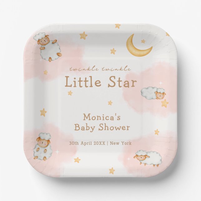 Sheep Twinkle Twinkle Moon Stars Girl Baby Shower  Paper Plates (Front)