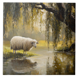 Sheep Under A Willow Tree Painting Ceramic Tile