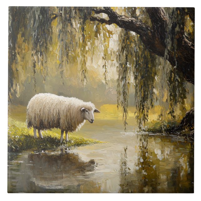 Sheep Under A Willow Tree Painting Ceramic Tile (Front)