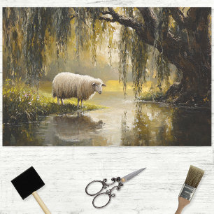 Sheep Under A Willow Tree Painting Decoupage Tissue Paper