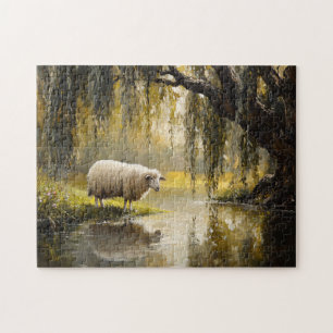 Sheep Under A Willow Tree Painting Jigsaw Puzzle