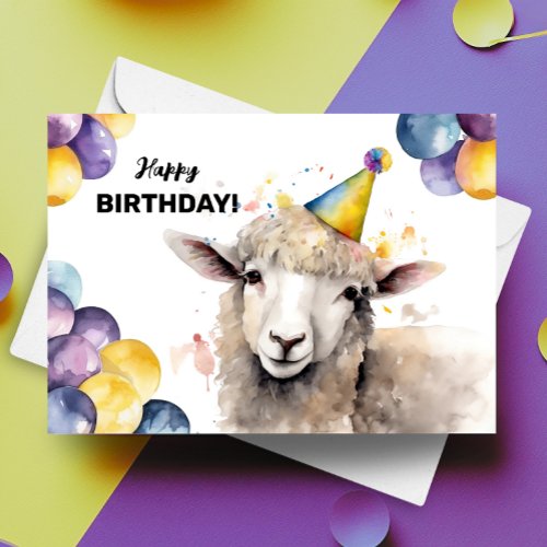 Sheep with Balloons and Party Hat Happy Birthday Card