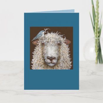 Sheep With Cerulean Warbler Card by vickisawyer at Zazzle
