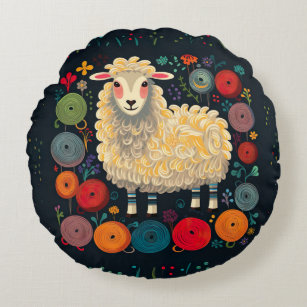 Sheep with colorful yarn round pillow