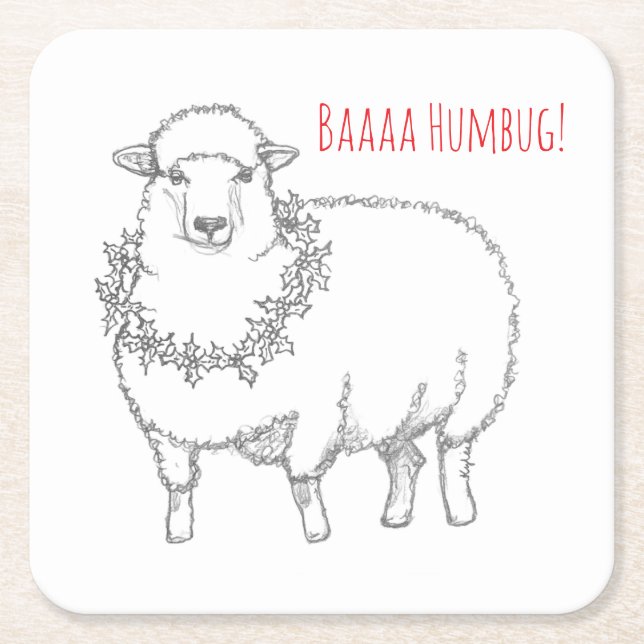 Sheep With Holly Square Paper Coaster (Front)