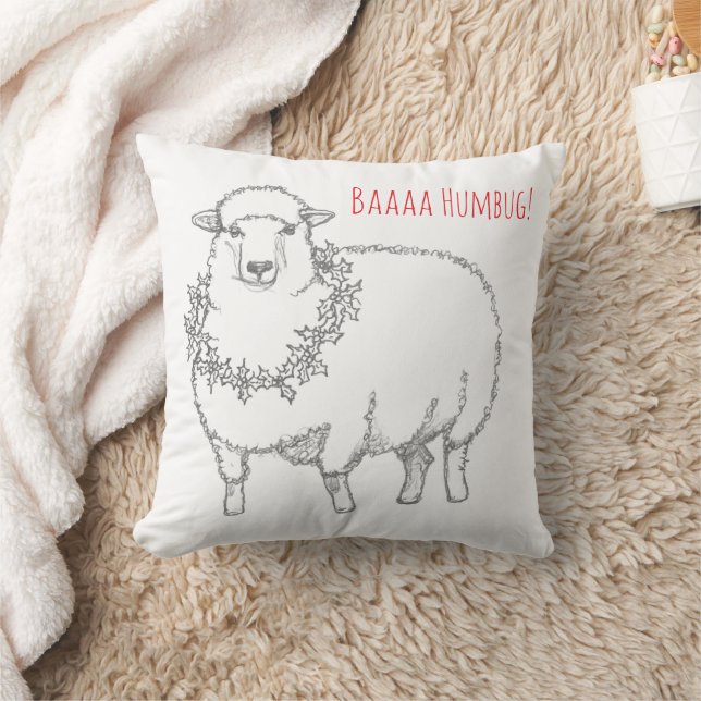 Sheep With Holly Throw Pillow (Blanket)