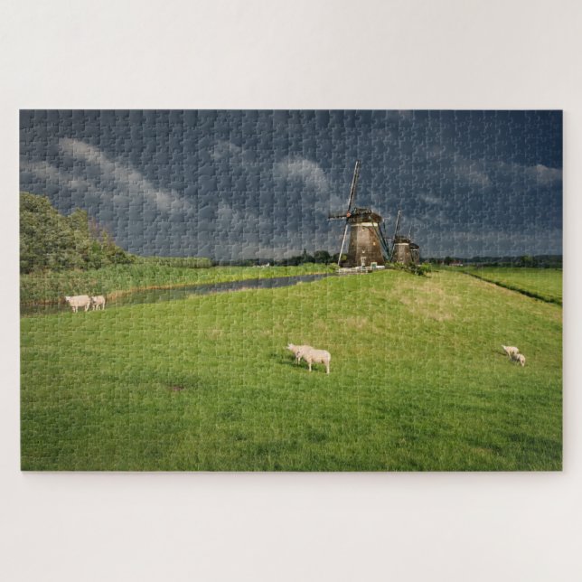 Sheep with windmills under dark clouds jigsaw puzzle (Horizontal)
