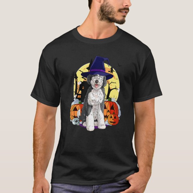 Sheepadoodle Cute Dog Halloween Witch Pumpkin T-Shirt (Front)