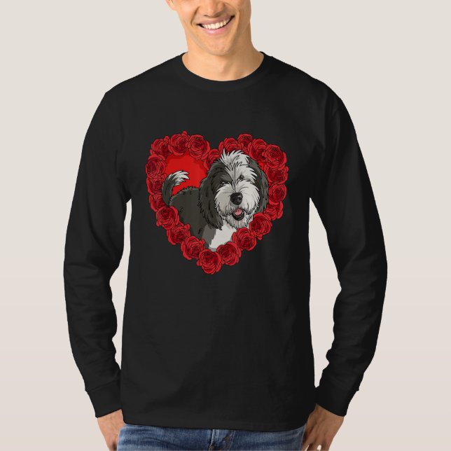 Sheepadoodle Heart Roses Valentine Day Dog Mom T-Shirt (Front)