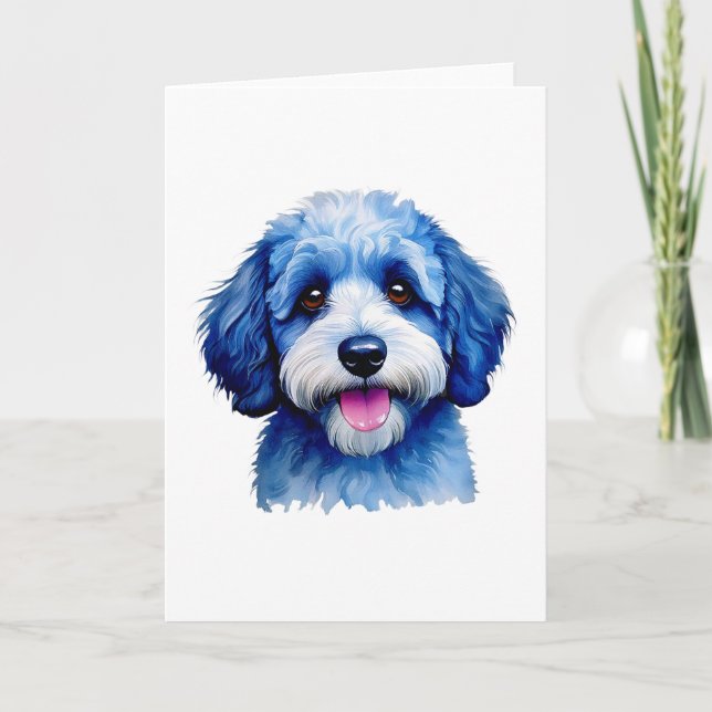 Sheepadoodle puppy smiling in blue! letterpress thank you card (Front)