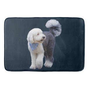 Sheepadoodle With Blue Checkered Scarf Bath Mat