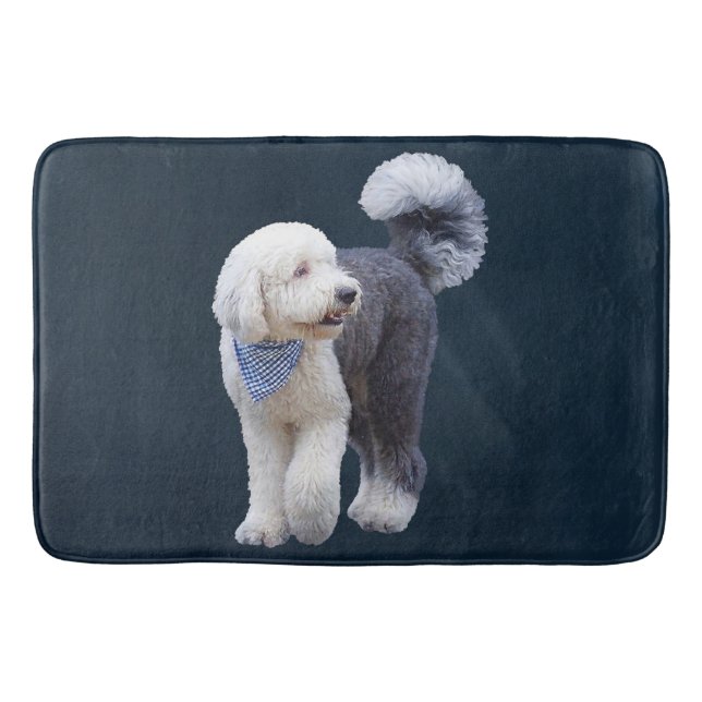 Sheepadoodle With Blue Checkered Scarf Bath Mat (Front)