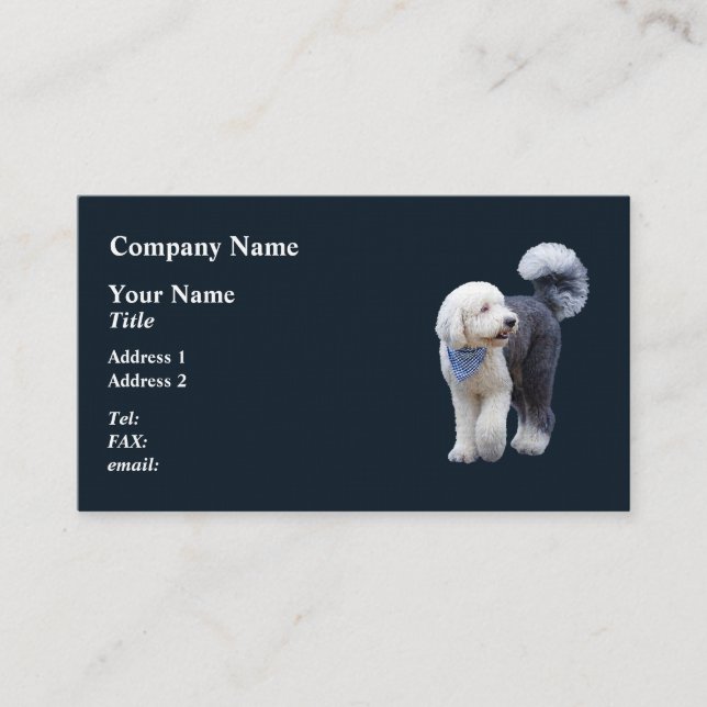 Sheepadoodle With Blue Checkered Scarf Business Card (Front)