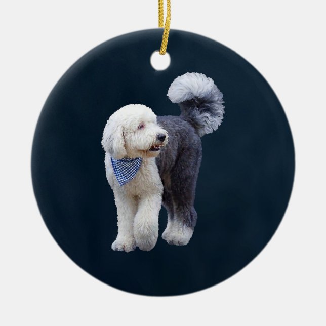 Sheepadoodle With Blue Checkered Scarf Ceramic Ornament (Front)