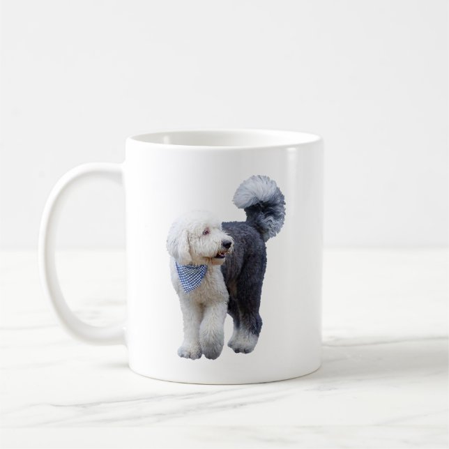Sheepadoodle With Blue Checkered Scarf Coffee Mug (Left)
