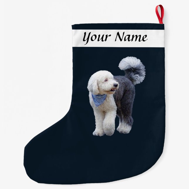 Sheepadoodle With Blue Checkered Scarf Large Christmas Stocking (Back)