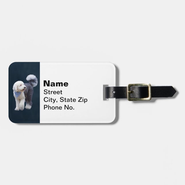 Sheepadoodle With Blue Checkered Scarf Luggage Tag (Front Horizontal)