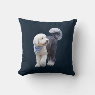 Sheepadoodle With Blue Checkered Scarf Throw Pillow