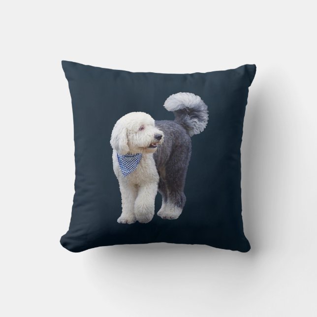Sheepadoodle With Blue Checkered Scarf Throw Pillow (Front)