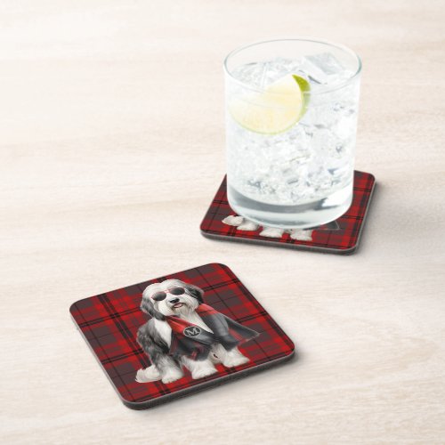 Sheepdog and Red Plaid Funny Monogrammed Beverage Coaster