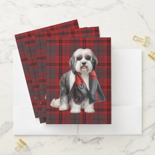 Sheepdog and Red Plaid Funny Monogrammed Pocket Folder