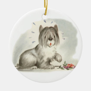Sheepdog Puppy with Pink Flower Ceramic Ornament