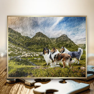 Sheepherding Rough Collies in Scottish Highlands - Jigsaw Puzzle