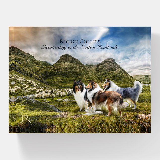 Sheepherding Rough Collies in Scottish Highlands - Paperweight (Front)