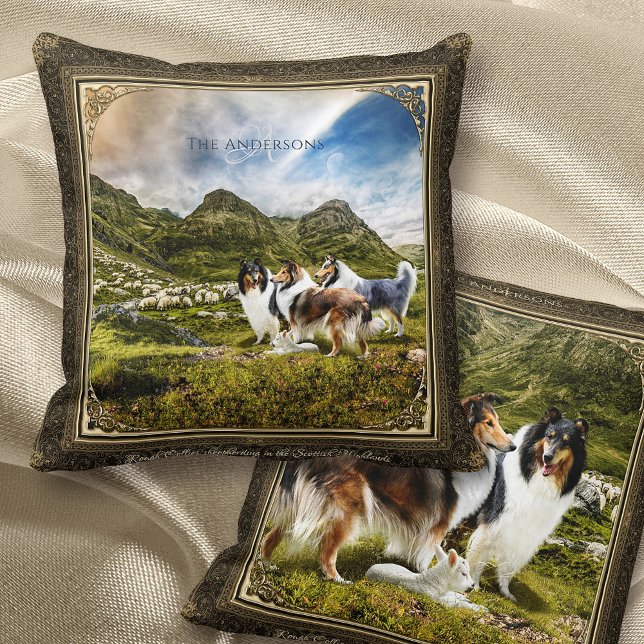 Sheepherding Rough Collies in Scottish Highlands - Throw Pillow (Creator Uploaded)
