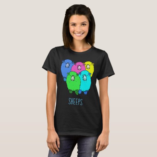 Sheeps _ Five fat fluffy coloured cartoon sheep T_Shirt