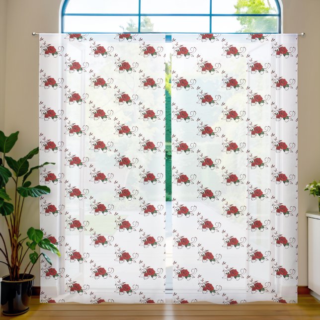 Sheer Curtain Red Rose Floral  (Living Room)