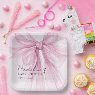 Sheer Pink Ribbon Bow Baby Girl Shower Paper Plates