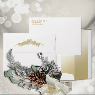 Sheer Poinsettia Lace Gold on White Envelope