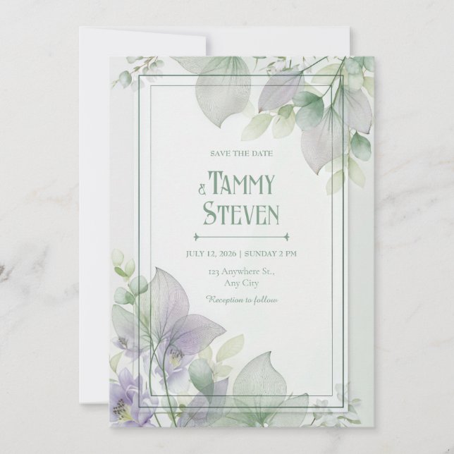 Sheer Skeleton Leaf Lavender Botanical Frame Invitation (Front)