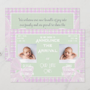 Sheer Twin Pink bows on Pink Mint Green Plaid Invitation
