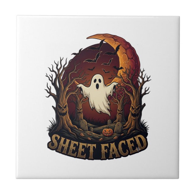 Sheet Faced Ghost Halloween Spooky Trees Moon_1 Ceramic Tile (Front)