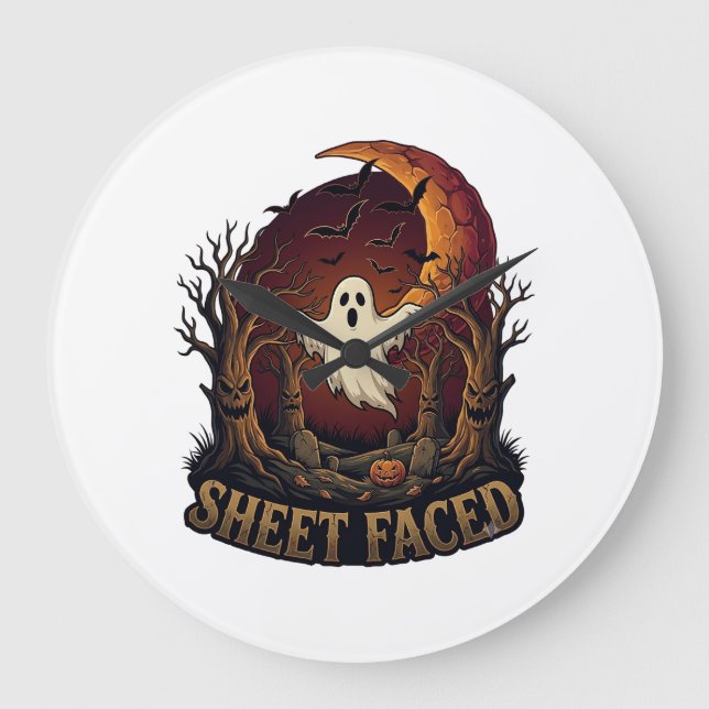 Sheet Faced Ghost Halloween Spooky Trees Moon_1 Large Clock (Front)