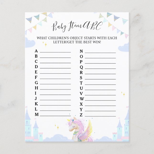 Sheet game "Baby Item ABC" for baby shower. (Front)