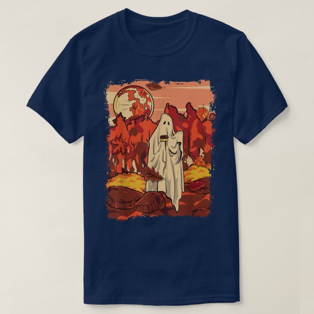 Sheet Ghost Coffee Autumn Leaves Fall Season Cozy  T-Shirt (Design Front)