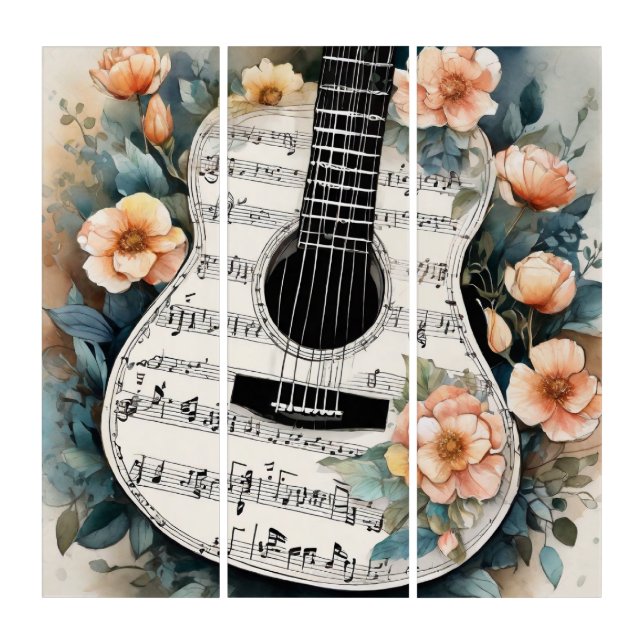Sheet Music Acoustic Guitar In Peach Flowers Triptych (Front)