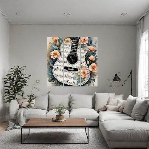 Sheet Music Acoustic Guitar In Peach Flowers Triptych