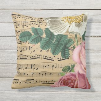 Sheet Music and Flowers Throw Pillow