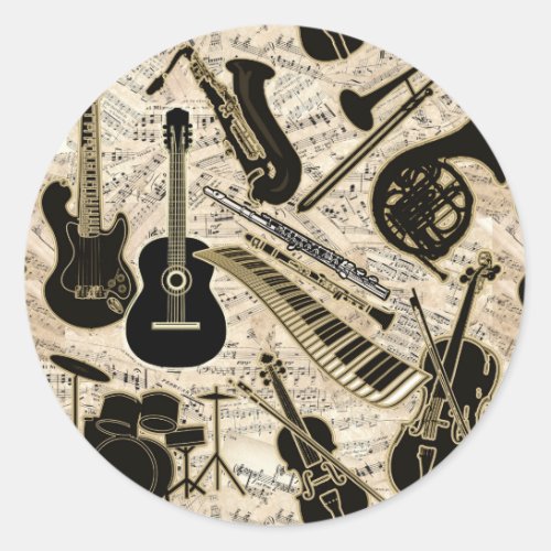 Sheet Music and Instruments BlackGold Classic Round Sticker