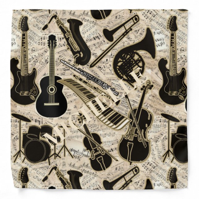 Sheet Music and Instruments Black/Gold ID481 Bandana (Front)