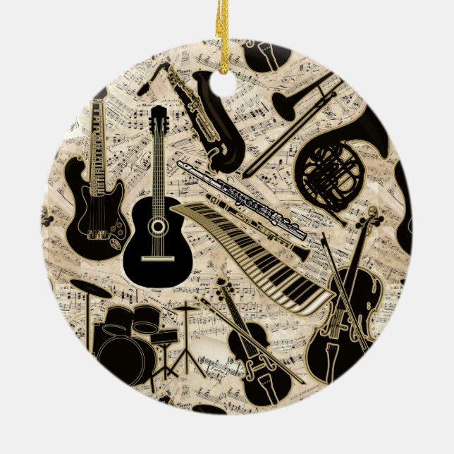 Sheet Music and Instruments Black/Gold ID481 Ceramic Ornament (Back)